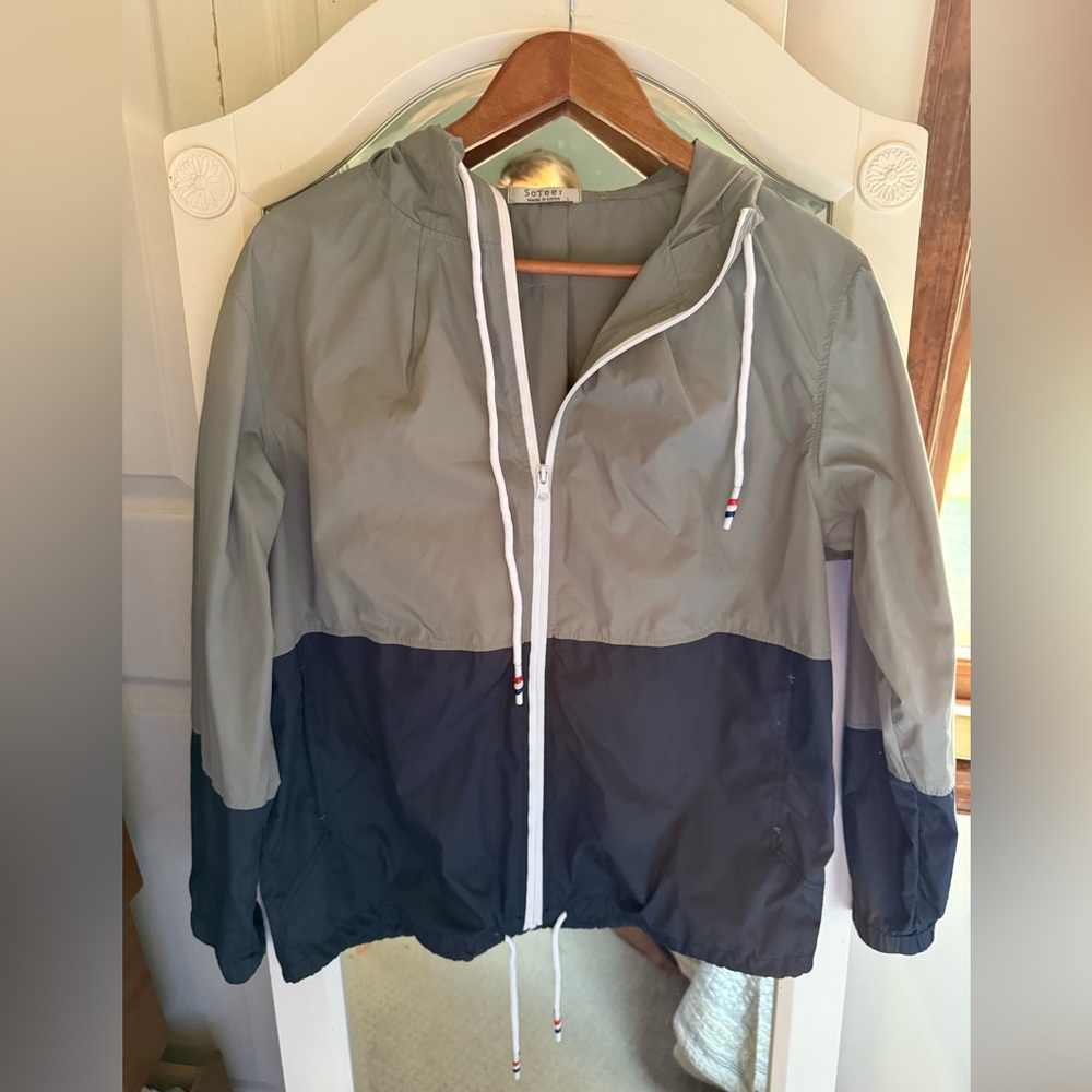 SoTeer Lightweight Rain Jacket Windbreaker  Green Navy Size Large Hooded Zip